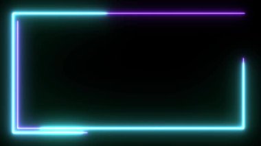Canlandırılmış neon ışıklı çerçeve arka planı. Renkli lazer 4K sınırında kusursuz döngü gösteriyor. Siyaha izole edilmiş geleceksel ışık efekti. Kulüp için VJ fon, gösteri, müzik videosu, sunum. 3 Boyutlu Canlandırma