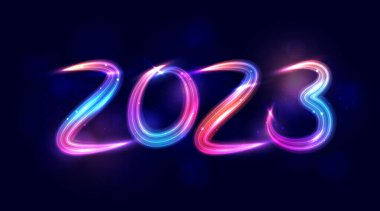 Modern abstract light trail numbers 2023. Concept for 2023 new year celebration. Futuristic pattern for banner or poster design. Vector EPS10.