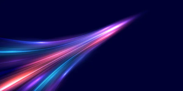 Moderne Abstracte Snelle Beweging Dynamische Bewegingslichtsporen Donkerblauwe Achtergrond Futuristisch Technologisch — Stockvector