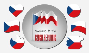 Çek Cumhuriyeti bayrakları seti ve Çek Cumhuriyeti bayrağı üzerinde yazıyla birlikte vektör olarak sallanıyor. Çek Cumhuriyeti 'ne hoşgeldiniz.!