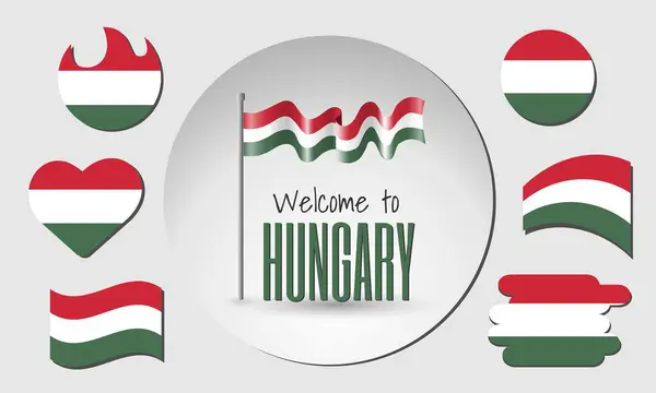 Macaristan bayrakları ve Macaristan bayrağını vektör olarak sallıyor. Macaristan 'a Hoşgeldiniz.!