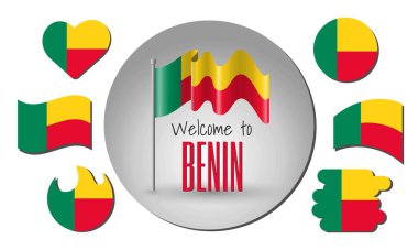 Waving flag of Benin in vector with the inscription Welcome to Benin! Different versions of the flag in the shape of a heart, circle, arc, etc. clipart