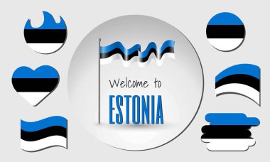 Estonya bayrağını sallayarak Estonya 'ya hoş geldiniz! Bayrağın kalp, çember, yay şeklinde farklı versiyonları vs..