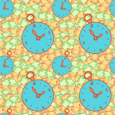 Vektörde kusursuz desen: zaman paradır, vektör. Dolar ve avrodan oluşan bir arka planda karikatür tarzı saat. Çocuk duvar kağıdına, kumaşına, yatak örtüsüne, hediye paketine, tişörtlere, ambalaj kağıdına baskı yapmak için.. 