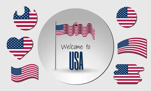 Amerika Birleşik Devletleri 'nin bayrağını sallayarak ABD' ye hoş geldiniz! Bayrağın kalp, çember, yay şeklinde farklı versiyonları vs..