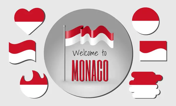 Monako bayrağını sallayarak Monako 'ya hoş geldiniz! Bayrağın kalp, çember, yay şeklinde farklı versiyonları vs..