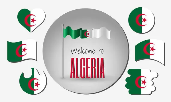 stock vector Waving flag of Algeria in vector with the inscription Welcome to Algeria! Different versions of the flag in the shape of a heart, circle, arc, etc.