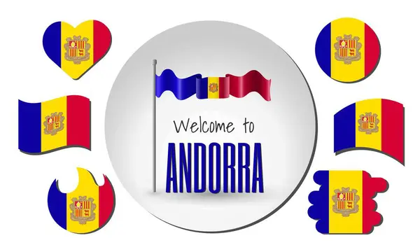 Andorra 'nın bayrağını sallayarak Andorra' ya hoş geldiniz! Bayrağın kalp, çember, yay şeklinde farklı versiyonları vs..