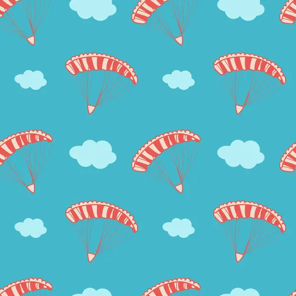 Kusursuz vektör şablonu: Gökyüzüne karşı bulutlu paraşüt. Doodle, doğrusal vektör. Seyahat şirketleri, çocuk odaları, kumaş baskısı, web sitesi için arka plan, çarşaf, bulaşık, oyuncak