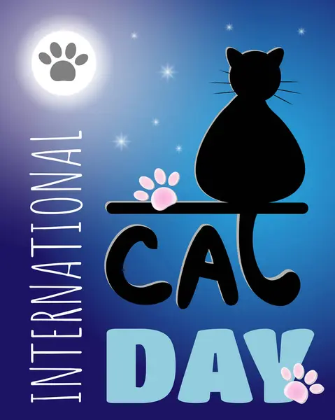 Uluslararası Kedi Günü için poster. Ay ışığıyla aydınlatılmış gökyüzünün arka planında oturan bir kedinin silueti ve Ay 'da bir kedi pençesi izi. 1080x1350 piksel