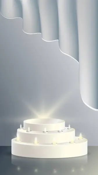 Gümüş 3 kademeli podyum 3D sahne duruşu. Model, gösteri, reklam, pazar yerleri için vektör.