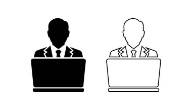 Laptop Siyah ve Beyaz Siluetinde Asgari İşletme Profesyoneli Simgesi