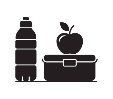 Su Şişesi, Elma ve Beslenme Kutusunun Minimalist Silueti Sağlık ve Uygunluğu