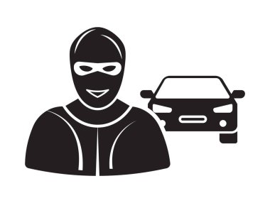 Araba Silueti Suç ve Anonimliği Öneren Maskeli Süslü Başlıklı Adam Tek Renkli Çizimi