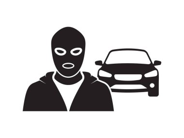 Araba Silueti Suç ve Anonimliği Öneren Maskeli Süslü Başlıklı Adam Tek Renkli Çizimi