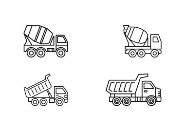 Çöp Kamyonları ve Çimento Karıştırıcı Araçlarının Minimalist Çizgi Simgeleri