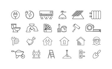 İnşaat ve Bakım Çizgisi Simgelerinin Minimalist Vektör Izgarası