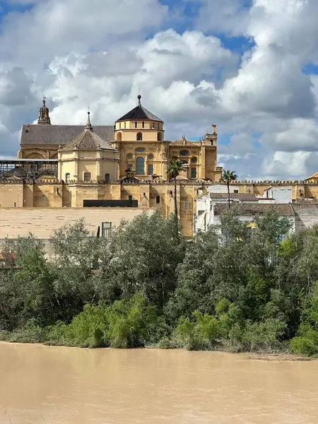 Crdoba, Endülüs, İspanya, Nisan 2024 Guadalquivir nehri üzerindeki Cami Katedrali veya Mezquita Katedrali manzarası