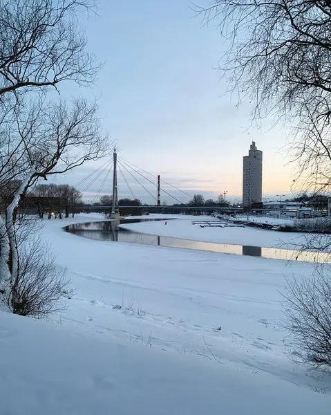 Donmuş Emajgi nehri, Turusild köprüsü ve Tartu, Tartumaa, Estonya 'daki Tigutorn binası ile kış şehri, Şubat 2021