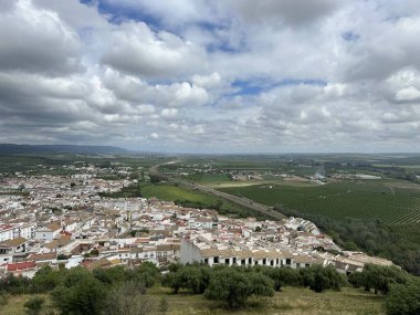 Endülüs 'te bulutlu bir gökyüzünün altındaki Almodvar del Ro kasabasının yüksek açılı görüntüsü, 2024 Nisan