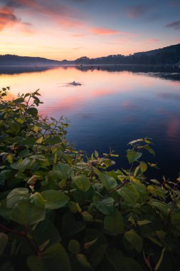 Güneş doğmadan önce Ruhr Nehri üzerindeki Baldeneysee Gölü manzarası. Dikey görünüm