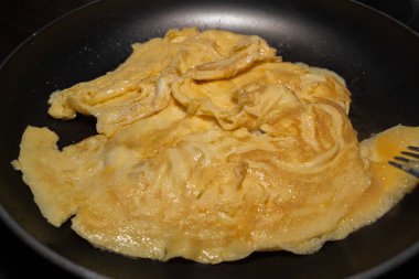Yellow fried scrambled eggs in a pan