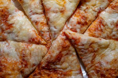 Close up of a baked and sliced homemade pizza with cheese and tomato sauce