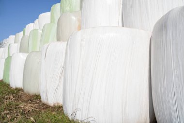 Arka planda mavi gökyüzü olan çimenlerin üzerine saman balyaları yığılmış ve istiflenmiş. 