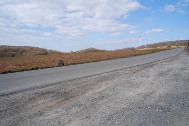 Kırsal kesimde tarla sürmüş tarlalar, yapraksız ağaçlar ve bahar aylarında rüzgar türbinleri olan yol.
