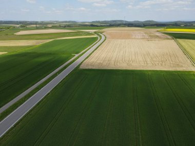 İlkbaharda asfalt yolu olan tarım arazilerinin insansız hava aracı görüntüsü 