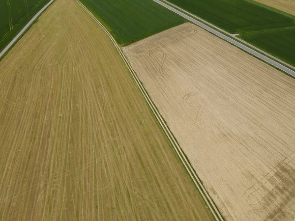 Luftaufnahme Gepflügter Felder Mit Erde Wachsenden Weizenfeldern Einer Langen Landstraße — Stockfoto