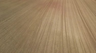 İlkbaharda topraklı yeni sürülmüş çiftliğin insansız hava aracı görüntüleri.