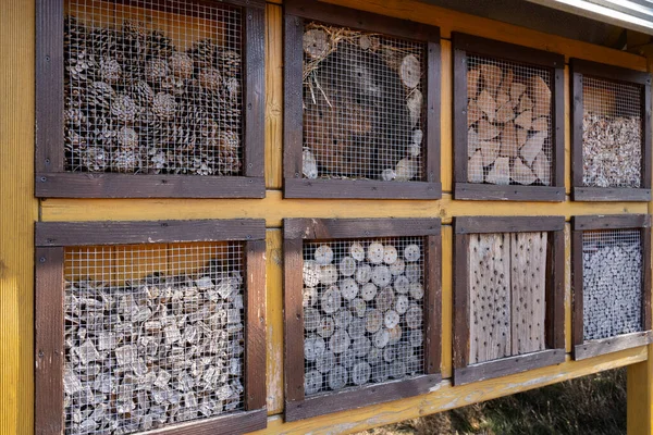 Insektenhaus Mit Vielen Verschiedenen Naturmaterialien Wie Holz Und Tannenzapfen — Stockfoto