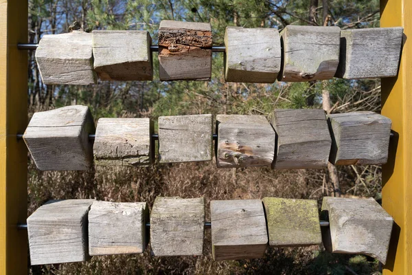 Dřevěný Displej Dřevěnými Kvádry Lese — Stock fotografie