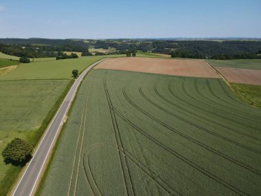 Yeşil ekin tarlaları, ekilebilir kahverengi tarlalar, ağaçlar, asfalt yollar ve yazın güzel mavi bir gökyüzü olan tarım arazisi manzarası. 