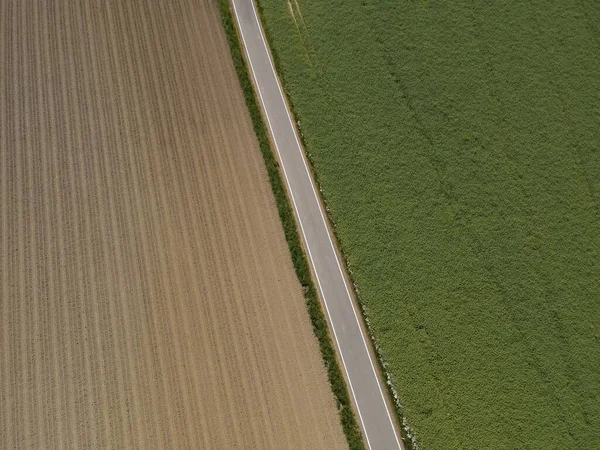 緑の成長作物畑と茶色の耕地の間のアスファルト道路の上からの眺め春に泥で耕された耕地 — ストック写真