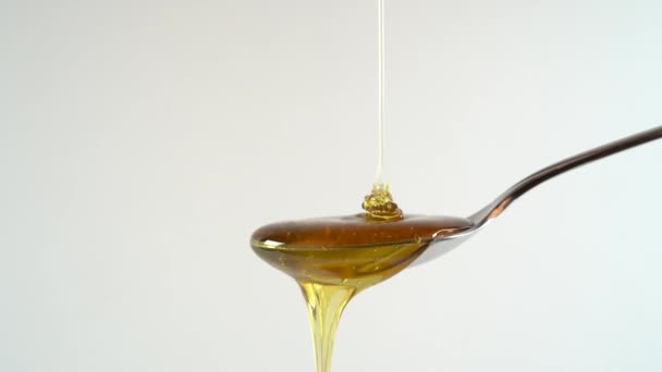Honing Vloeit Een Lepel Totdat Het Overloopt — Stockvideo