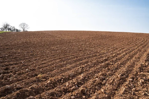 Geploegde Landbouwgrond Met Bruine Grond Een Helderblauwe Lucht Het Voorjaar — Stockfoto