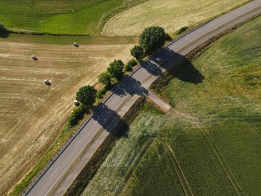 Baharda güneşli bir günde çimen tarlaları, ağaçlar ve ekin tarlaları arasındaki yolun üstünden bak.  