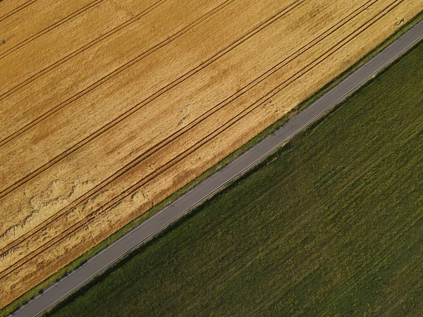 风景中金黄色的庄稼田和绿色的草地之间的公路空中景观 — 图库照片