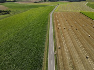 Çevredeki tarım arazileri arasında uzun bir yol var. 