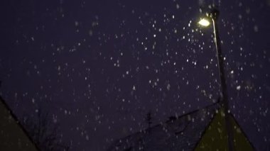 Bir sokak lambasıyla kasabada kar yağışı