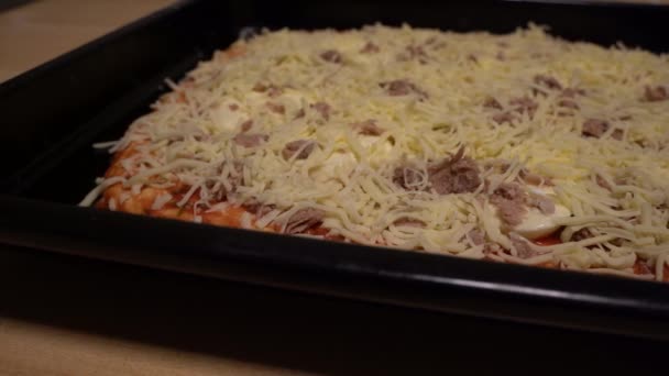 Niepieczona Pizza Tuńczykiem Serem Mozzarellą Sosem Pomidorowym Tacy Pieczenia — Wideo stockowe