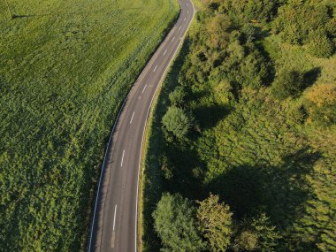 Çevredeki çimenler ve ağaçlar arasındaki eğimli bir yolun havadan görünüşü