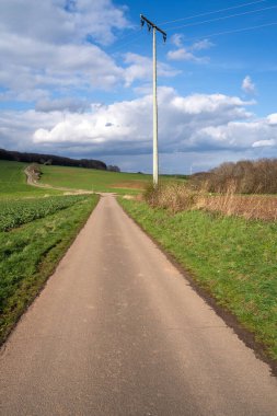 Baharda mavi bulutlu gökyüzü ile arazide uzun bir patika.