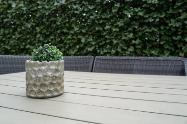 Bahçe masasında saksı olan yapay çiçek.