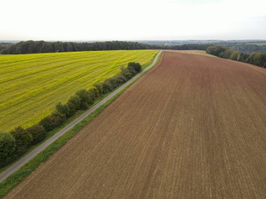 Kırsal kesimde tarlaları olan bir yolun havadan görünüşü 
