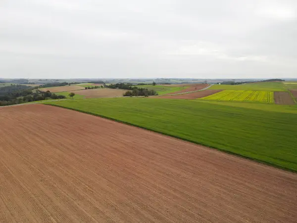 View from above of a farmland with agriculture fields