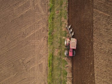 Kırmızı traktörün havadan görünüşü tarlayı sürüyor. 