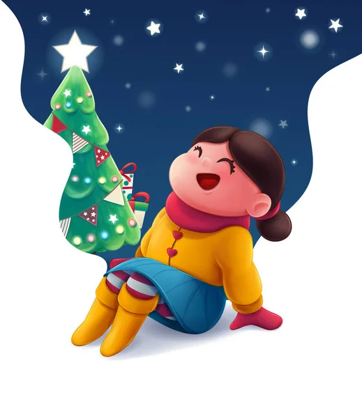 Ευτυχισμένο Αξιολάτρευτο Κοριτσάκι Απολαμβάνοντας Κατά Διάρκεια Των Χειμερινών Χριστουγέννων Διακοπές — Διανυσματικό Αρχείο